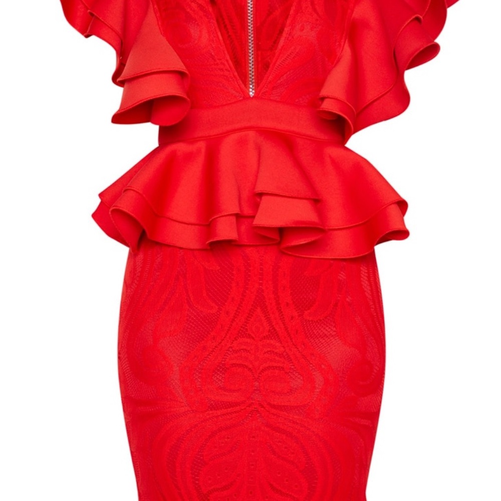 Pretty Little Thing Red Ruffle Detail Plunge Midi Dress